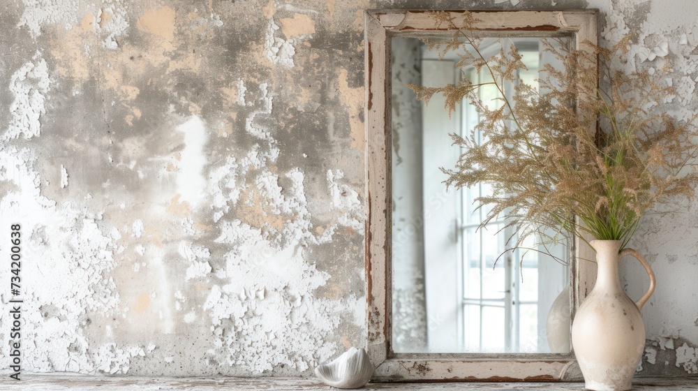 Poster a vase with a plant in it sitting next to a mirror on a wall with peeling paint and a mirror on the 