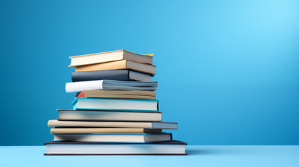 stack of books on blue background, world book day concept
