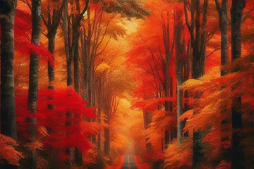 Afwasbaar Fotobehang Rood autumn forest landscape