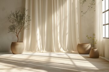 Room interior with curtains, casting soft patterns on the carpet and decorative plants in textured pots against a gentle cream pastel wall