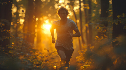a man runs through the forest in the morning