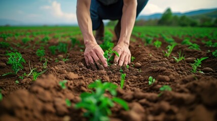 A farmer tending to a lush green field, rural landscape, close-up of hands in soil, symbolizing agriculture and sustainability. Resplendent.