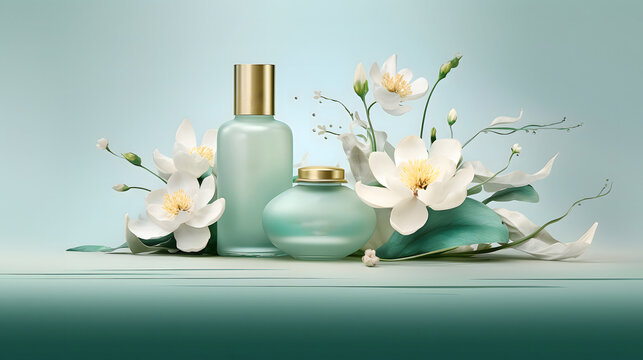 Gamme de produits de soins naturels, flacons et pots pr&eacute;sent&eacute; avec des fleurs