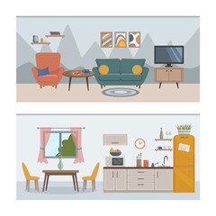 Apartment inside. Set with interior, kitchen and living room. Furnished rooms. Flat vector illustration of rooms with furniture.