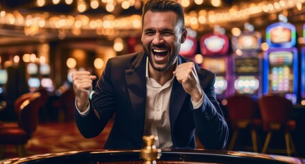 Ecstatic man celebrating victory at casino. Joyful male gambler winning at poker table. Triumphant casino player cheering in suit.