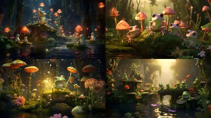 Joyful frogs playing leapfrog over giant, bouncy marshmallows in a fantastical swamp