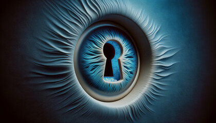 A keyhole pupil amidst textured blue and white patterns, suggesting vision and mystery. - obrazy, fototapety, plakaty