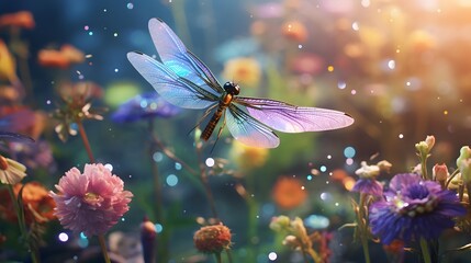 Lively dragonflies playing tag in a meadow of shimmering, multicolored flowers