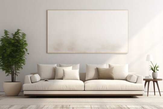 Modern Minimal clean clear contemporary living room, Modern Minimal clean clear contemporary living room home interior design daylight background beige white sofa couch in living room, Ai generated