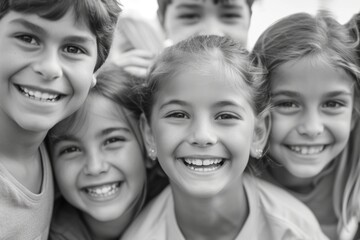 Fototapeta premium Black and white photo of smiling happy children looking at the camera, happy carefree childhood