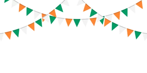 Fotobehang Green, white and orange flag garland. Triangle pennants chain. Party decoration. Celebration flags for decor © Iryna