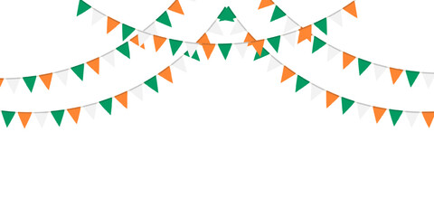 Green, white and orange flag garland. Triangle pennants chain. Party decoration. Celebration flags for decor