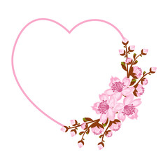 Heart frame with arrangement of twigs sakura or cherry blossom. Design for invitation or greeting cards