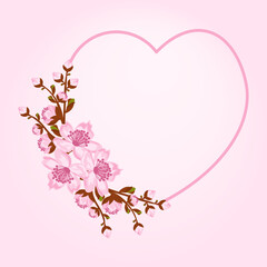 Heart frame with arrangement of twigs sakura or cherry blossom. Design for invitation or greeting cards