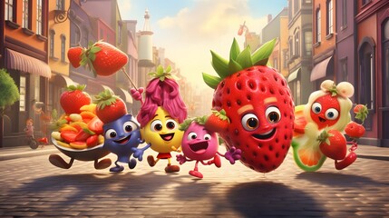 Lively fruit characters enjoying a lively parade on the streets of a candy-coated town