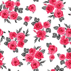 Watercolor flowers pattern, red romantic roses, black leaves, white background, seamless