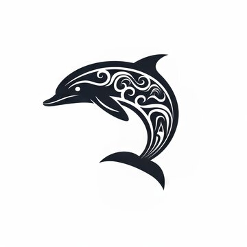 Dolphin Tribal Vector Monochrome Silhouette Illustration Isolated on White Background - Tattoo - Clipart - Logo - Graphic Design Element