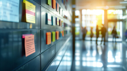 A corporate bulletin board filled with notices for multicultural events, workshops, and employee resource groups, promoting diversity, blurred background, with copy space