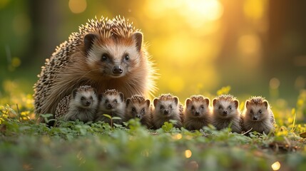 Mother hedgehog and little hedgehogs 