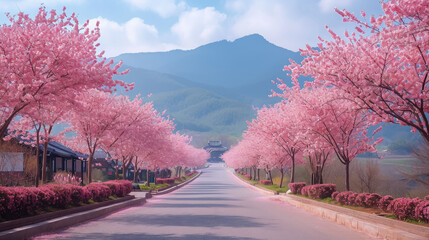 Cherry blossom festival in Korea, Japan, trees, park, spring, nature, pink flowers, street, road, oriental culture, architecture, national holiday, sakura, symbol, postcard, space for text