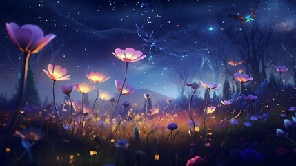 Luminescent fireflies creating intricate patterns in the night sky over a dreamy meadow, where oversized flowers bloom in a surreal dance of colors - obrazy, fototapety, plakaty