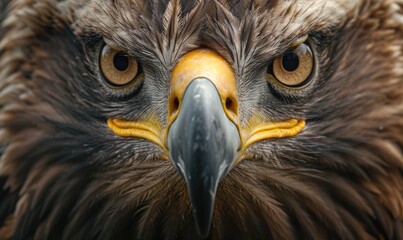 A macro portrait of amazing eagle, capturing the intricate patterns of its feathers and the striking details of its eyes and beak.