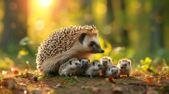 Mother hedgehog and little hedgehogs 