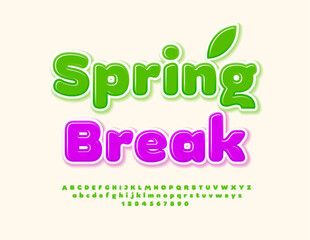 Vector cute flyer Spring Break. Kids Green 3D Font. Artistic Alphabet Letters and Numbers.