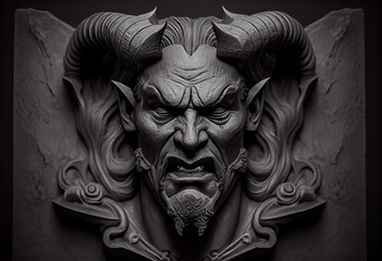Head of the devil, sculptural relief made of gray stone ai Generated, generative AI, CGI graphics