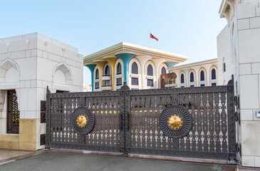 Muscat, Oman - February 10, 2020: Iron gate of the Al Alam Palace, Old Muscat in Sultanate of Oman.