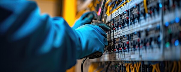 Close up photograph of an electrician worker checking Electrical distribution during the afternoon . - obrazy, fototapety, plakaty
