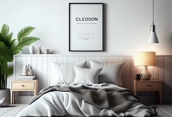 Mockup poster on white wall with a cozy bed, white background, 3d render, 3d illustration. Generative AI