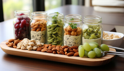 Healthy eating fresh fruit, nuts, and vegetables on wooden table generated by AI