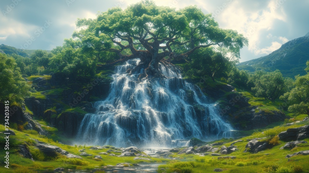 Poster a painting of a waterfall with a tree in the foreground and a stream running through the middle of t