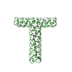 3d symbol made from green soccer balls. letter t