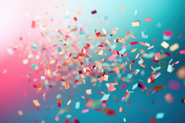 Azure background illuminated by pink light, with flying confetti and ample space for text. This enchanting image combines tranquility with festivity, perfect for invitations, event announcements