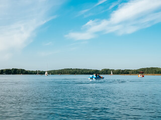 Fototapeta na wymiar Tourist boats on Lake Galve in Trakai, Lithuania