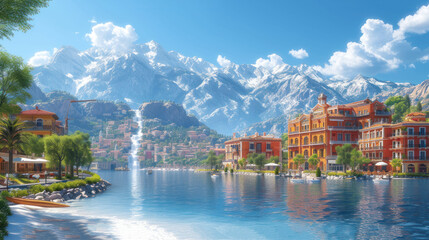 Obraz premium a painting of a scenic view of a city with mountains in the background and a lake in the foreground, and a fountain in the middle of the foreground.