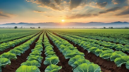 cabbage plantations growing in a vast field, arranged in neat rows. Capture the essence of farming and agriculture, showcasing the beauty and productivity of the agricultural land - obrazy, fototapety, plakaty