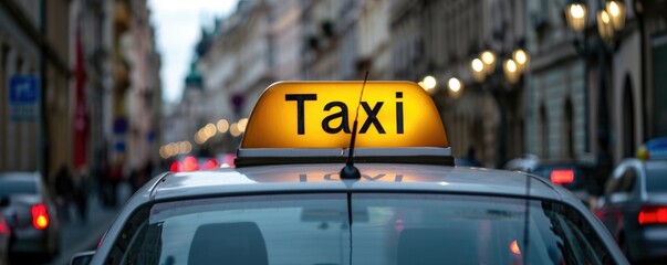 Amidst the bustling city streets, a bright yellow taxi flashes its illuminated sign atop its sleek...