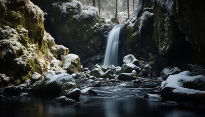 Smooth flowing water in a majestic winter landscape generated by AI