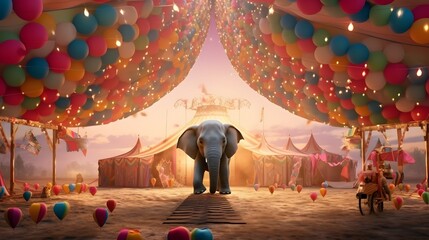 Polka-dotted elephants juggling rainbow-colored balloons in a whimsical circus tent