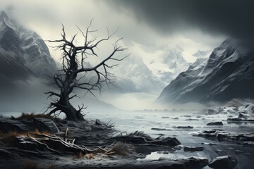Enigmatic glacier and covered with mist., generative IA - obrazy, fototapety, plakaty