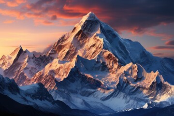 Majestic glacier between snowy peaks to sunset., generative IA - obrazy, fototapety, plakaty