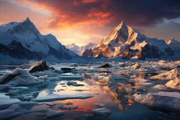 Majestic glacier between snowy peaks to sunset., generative IA