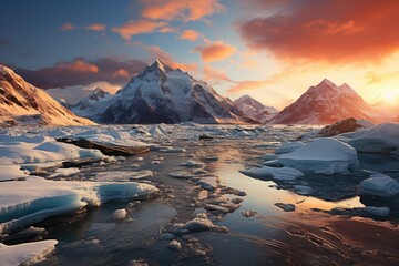 Fototapeta premium Majestic glacier between snowy peaks to sunset., generative IA