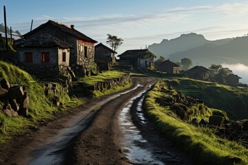 Fototapeta na wymiar Traditional village between Fertile Lava Campos., generative IA