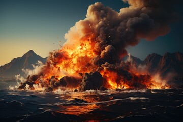 Submarine volcano creates volcanic islands in open sea., generative IA - obrazy, fototapety, plakaty
