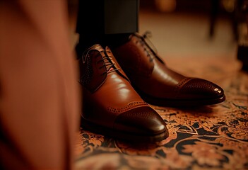 Close-up of the groom's tuxedo-clad lower half, focusing on his brown dress shoes Generative AI