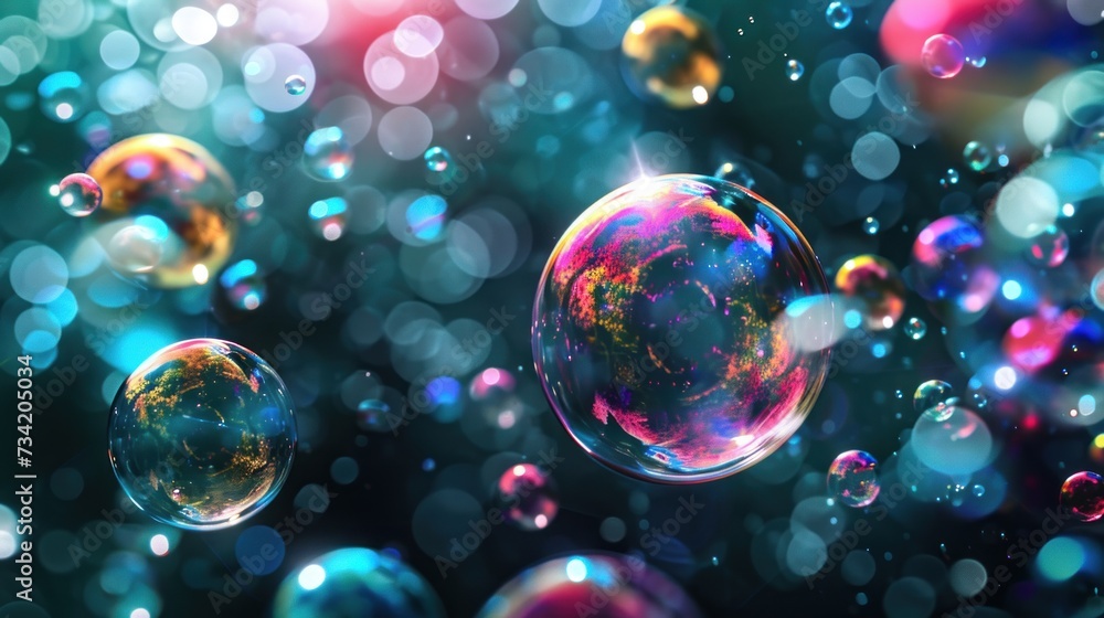 Poster a bunch of soap bubbles floating on top of a blue and pink background with a lot of bubbles floating